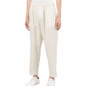 Creatures of Comfort- Highwaisted Ivory Trousers with pale Thin Blue Pinstripes